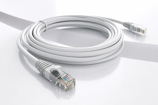 Premium coiled Ethernet LAN cable with two RJ45 connectors in a clean commercial technology composition.