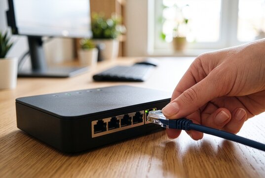 Hand connecting an Ethernet LAN cable to a modern home router for reliable wired internet access.