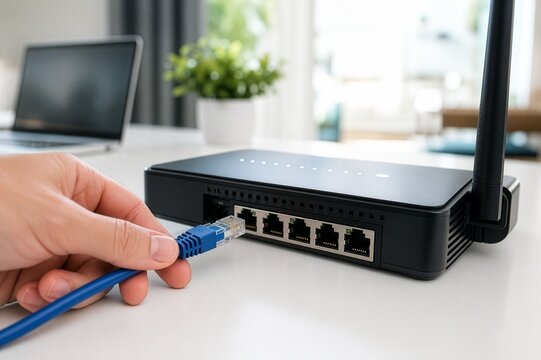 Hand connecting an Ethernet LAN cable to a modern home router for reliable wired internet access.