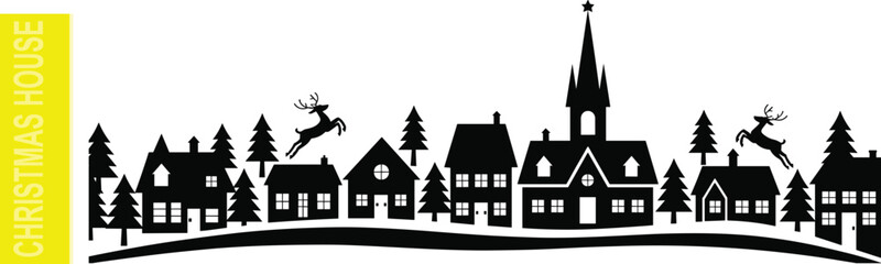 Fototapeta premium Christmas winter village silhouette with houses church pine trees reindeer and snowy landscape festive holiday illustration