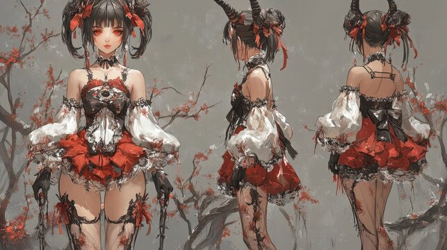 Anime character design sheet with front side and back views in gothic lolita style