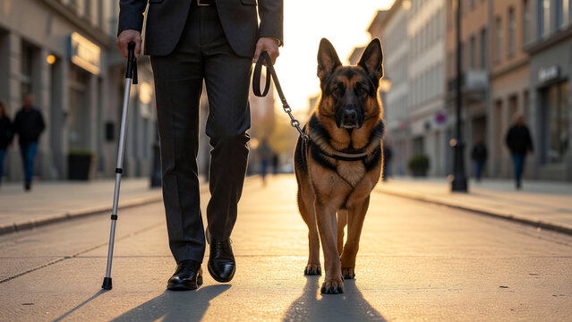 Blind man walking with guide dog on city street, visual impairment accessibility and mobility assistance