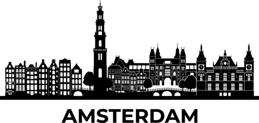Fototapeta premium Amsterdam skyline with clock tower and canal bridge