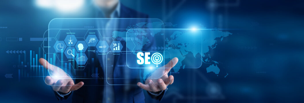 SEO specialist holding in hands keyword reports. Digital marketer using virtual screen analyzing website traffic metrics and search engine optimization ranking algorithms. Web growth.