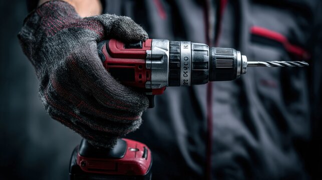 Construction worker holding red power drill wearing heavy safety gloves