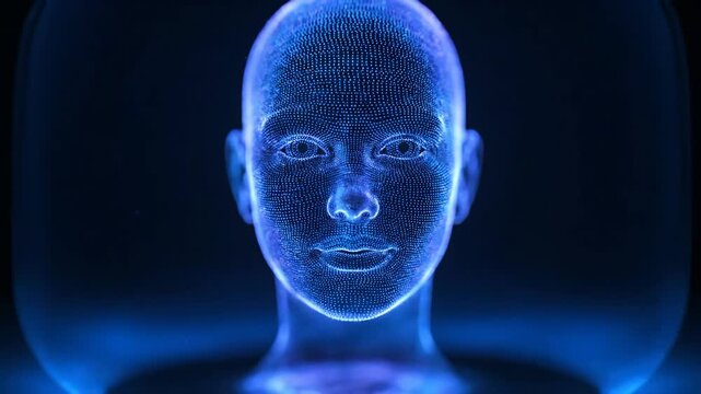 Glowing blue digital human face hologram in a futuristic technology concept