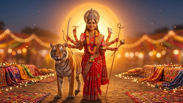 Amba Maa during Navratri &ndash; Gujarati Goddess with Tiger and Festive Glow.