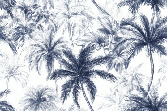 Seamless pattern with hand-drawn palm trees and tropical foliage in pencil sketch style. Monochrome botanical design perfect for fabric, wallpaper, and packaging.
