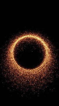 Dense stream fiery gold particles circular vortex central opening. luxury logo reveals, award titles, countdowns, science fiction portals, energy transitions, music visuals, cinematic introductions.