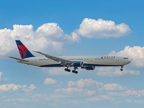 Delta Air Lines Boeing 767 is landing at MXP Milano Malpensa international airport