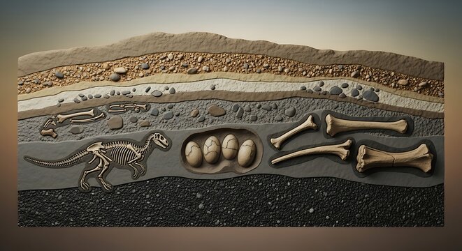 Cross section of sediment layers with embedded dinosaur fossils
