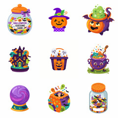 Fototapeta premium Cute Halloween Icon Set with Pumpkins Cauldrons Haunted House and Candy Jars for Festive Graphic Design