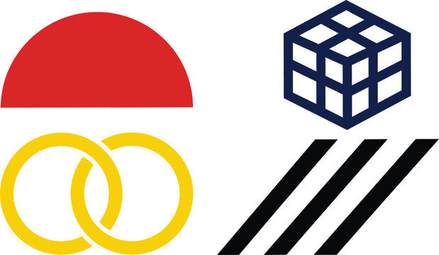 Minimalist geometric abstract symbol vector set featuring red semicircle blue wireframe isometric cube linked yellow rings and black parallel diagonal stripes