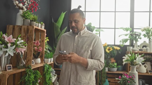 Man holding smartphone inspects lilies and tulips arranged on a wooden crate and ceramic vases in studio; calm concentration craft.