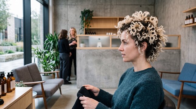 Woman with unique bleached cornrow perm inspired by coral reef texture in modern salon interior