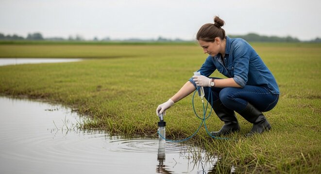 Environmental scientist collecting water sample for testing in a grassy outdoor field