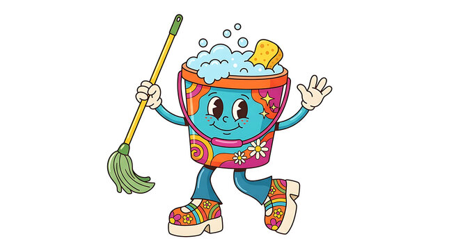 Fun Retro Cleaning Bucket Character Cartoon Vector Illustration with Mop and Soap Suds