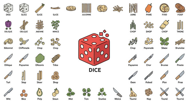 Culinary Knife Skills and Vegetable Cutting Techniques Icon Set