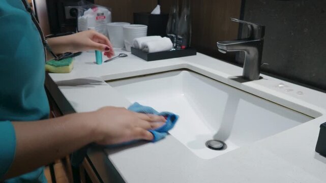 Housekeeper cleaning modern bathroom sink with a microfiber cloth in hotel room.
