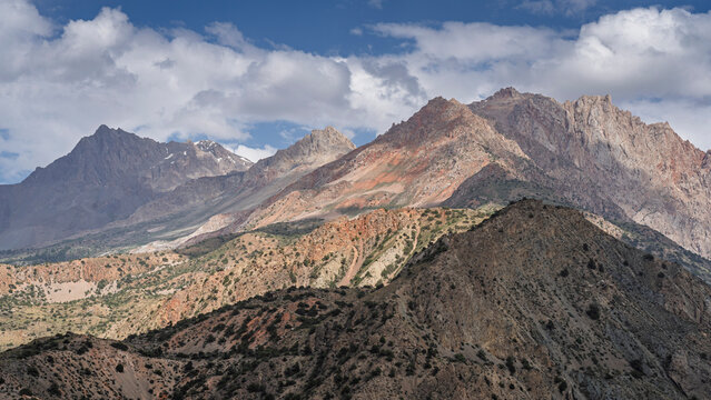Scenic and colorful landscape view of Fann mountains around Iskanderkul lake in summer, Sughd, Tajikistan