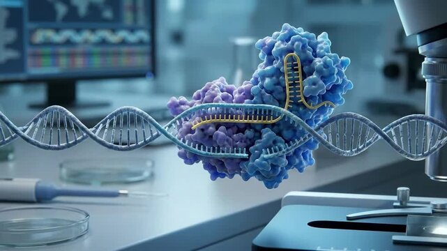 Dna molecule, crispr cas9 enzyme precisely editing genetic material, genome manipulation technology, molecular biology instrument, scientific laboratory environment