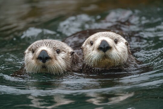 otters floating on backs, cracking shells on bellies
