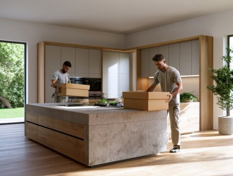 Professional installers unpacking boxes in a luxury minimalist kitchen featuring matte cabinetry, natural oak accents, and a large stone island in a newly renovated home