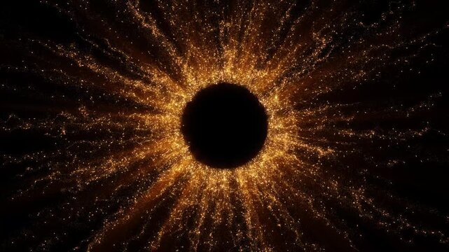 Eclipse inspired gold corona circular center, branching particle trails warm luminous rays. cosmic fantasy scenes, theatrical openers, bold brand reveals, atmospheric titles, dramatic visual effects.