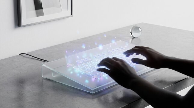 Person typing on a futuristic glowing glass keyboard