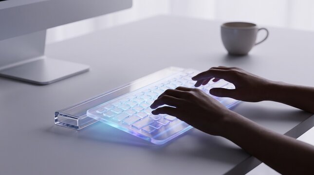 Person typing on futuristic transparent glass keyboard
