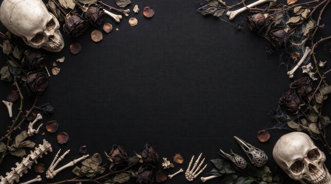 A dark and moody flat lay composition featuring two realistic human skulls, scattered skeletal bones, withered black roses, and delicate spider webs arranged as a gothic frame on a textured black.