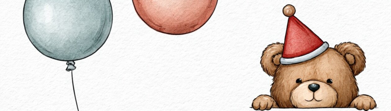A cute teddy bear wearing a red party hat peeks over a surface with two balloons floating nearby, one blue and one red, on a textured white background, hand drawn kid friendly background