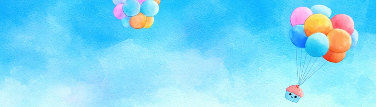 A watercolor illustration of balloons carrying small houses floating gently in a bright blue sky, hand drawn kid friendly background