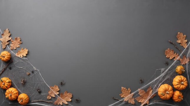 A festive Halloween flat lay background featuring small orange pumpkins, dried autumn oak leaves, and realistic artificial spider webs with black plastic spiders arranged on a dark grey surface area.