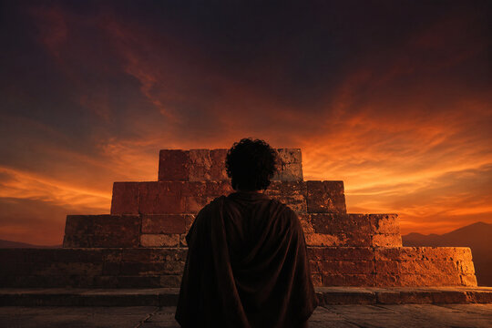 Lone figure before ancient ziggurat ruins at twilight, heritage and contemplation concept