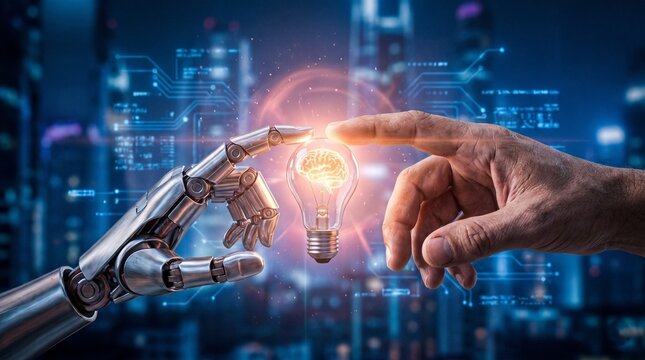 Futuristic AI robot hand touching human finger, glowing light bulb with digital brain, artificial intelligence innovation concept