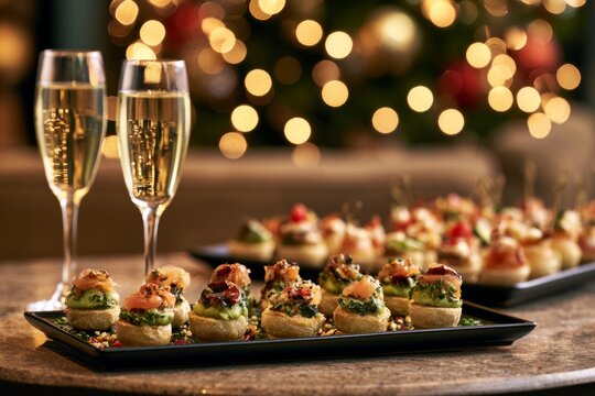 Christmas Champagne Reception with Gourmet Canapes and Festive Lights