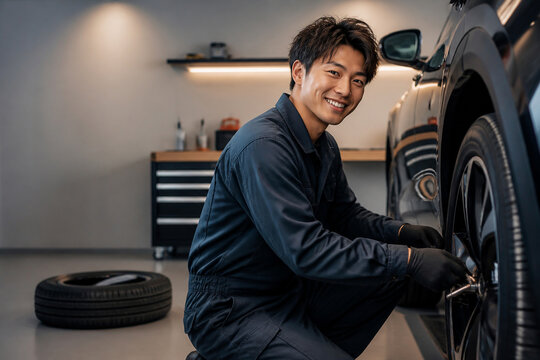 現代的なガレージでタイヤ交換をしている、笑顔の日本人男性整備士 Generative AI