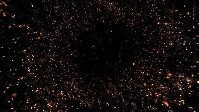 Particle field features amber sparks glowing flecks, fiery cinematic atmosphere. adventure trailers, dramatic logo reveals, fantasy scenes, intense title sequences and atmospheric compositions.