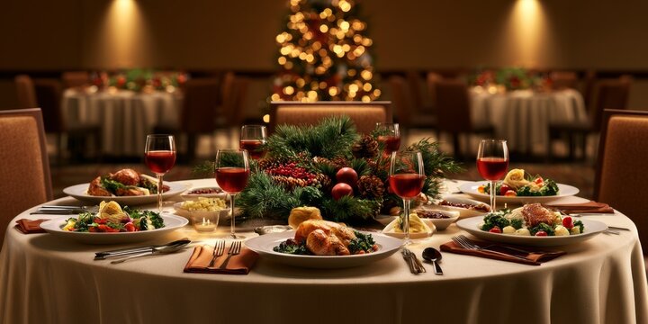 Festive Christmas Banquet Table with Roast Dinner and Wine