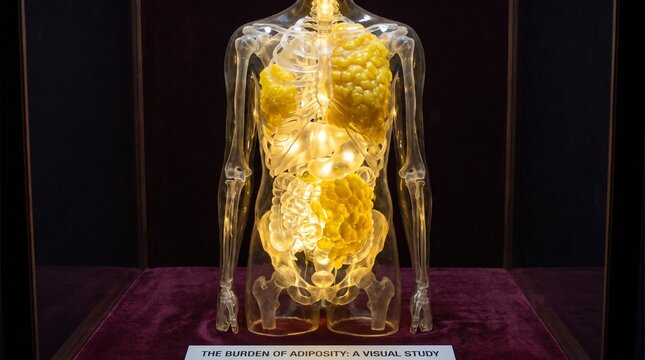 Transparent human anatomical model showing fat deposits in display