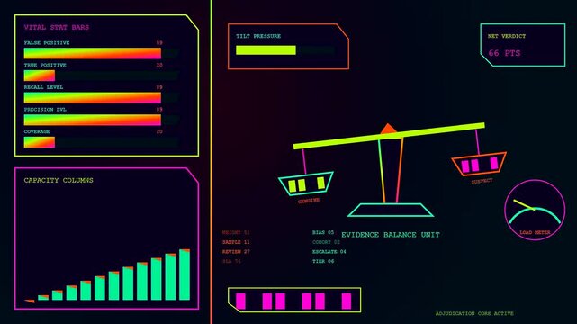 A sequence showing ai fraud detection interface panels with oscillating scales and bar charts flickering across a dark screen during complex automated system monitoring operations