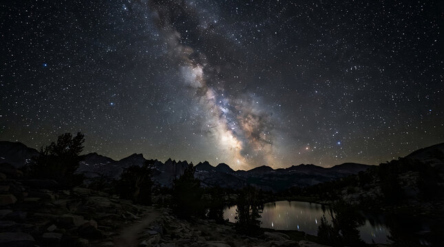 Milky way galaxy over calm lake at night