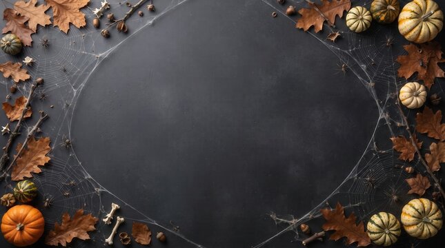 A top-down view of a dark Halloween background featuring a central oval space framed by dried autumn oak leaves, white spider webs, small pumpkins, acorns, and scattered bones on a textured surface.