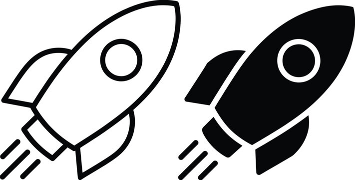 Minimalist rocket launch icon set vector featuring black and white outline and solid fill styles for startup business, innovation, growth, and technology.