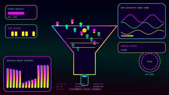 Sophisticated ai fraud detection dashboard showing funnel diagrams and data charts monitoring suspicious account activity with bright neon glowing interface elements displayed on a dark virtual screen
