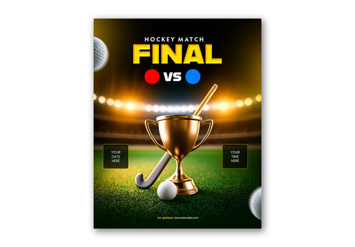 Editable Hockey Match Final Social Media Post Template Design with Equipment and Golden Trophy on Stadium Light.
