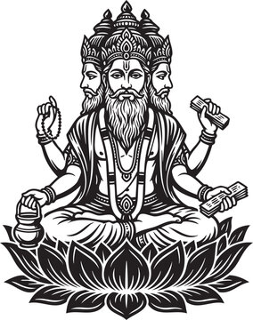 Black and white of lord brahma seated on a lotus flower throne hindu deity