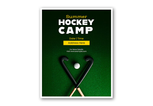 Editable Summer Hockey Camp Social Media Post Template Design with Equipment on Green Field.