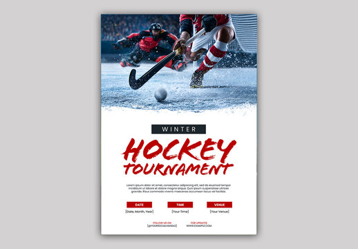 Editable Winter Hockey Tournament Flyer Template Design in Players Action in Ice Rink.